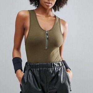 MinkPink Move Olive Green Zip Up Bodysuit, Size M